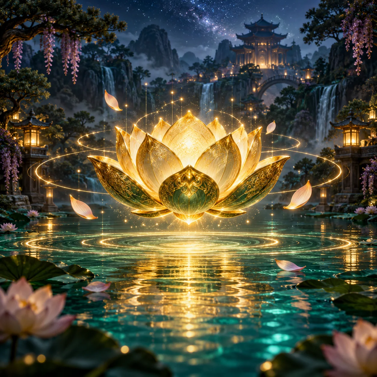 Original illustration of a glowing lotus above a still jade pool