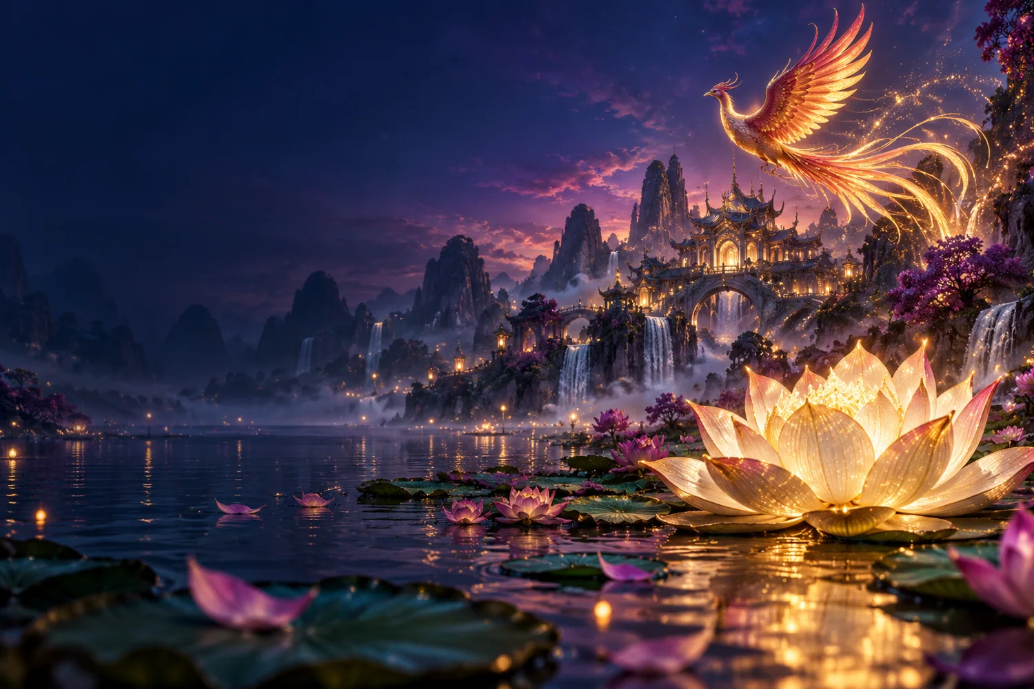 Original illustration of a golden lotus and phoenix above an enchanted garden