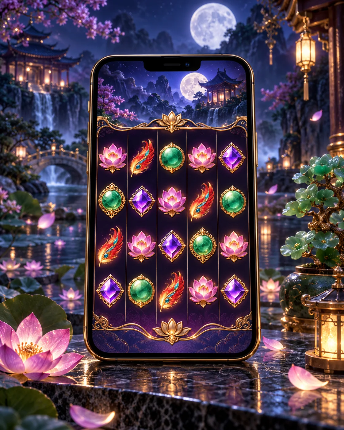 Original mobile-themed illustration with lotus, phoenix and jewel symbols
